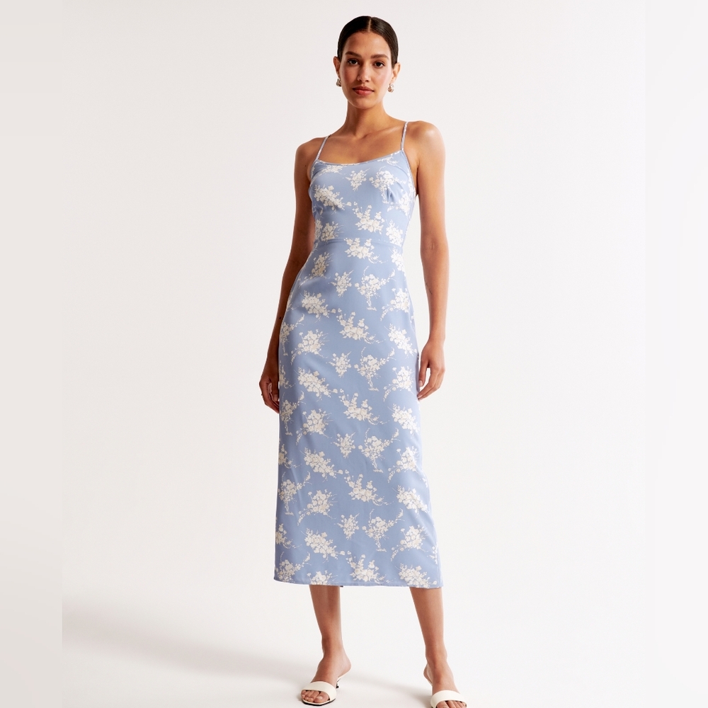 Abercrombie & Fitch Scoopneck Slip Midi Dress Blue Floral Slit XS Petite XSP